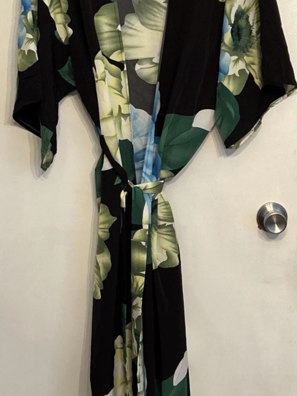 Max Hsuan Boho Floral Kimono Black Base Blue Green Watercolor Prints One Size